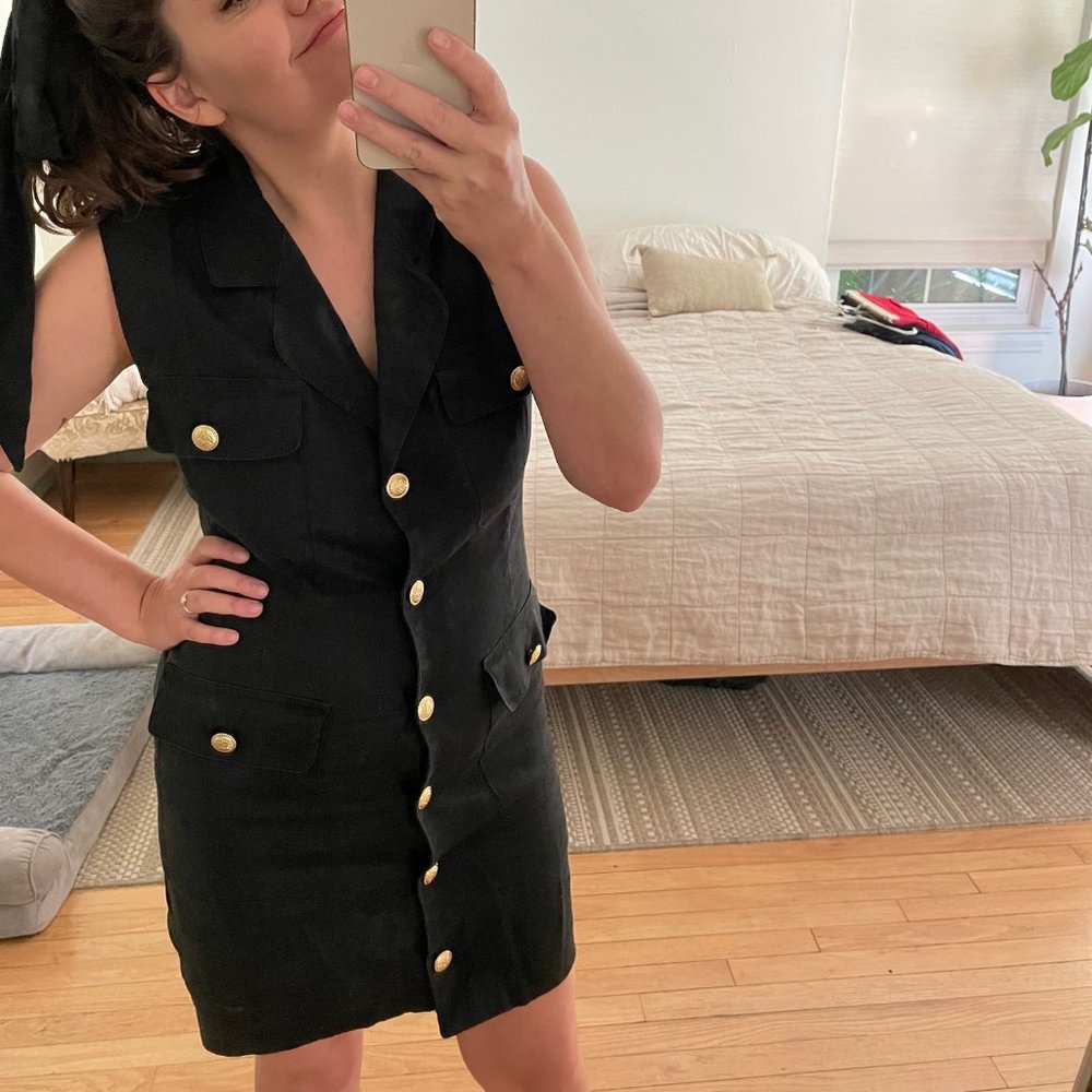Black Vintage Linen Button Up Dress